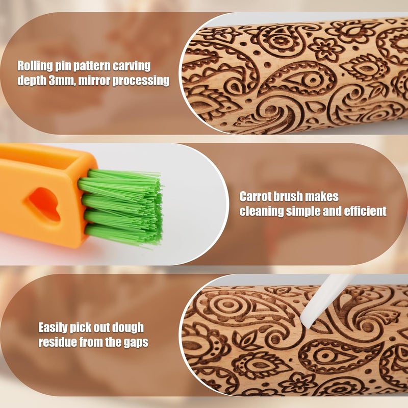 XINBADA 17" Premium Wooden Rolling Pins for Baking with European Embossed Designs | 3mm Deep Springerle Cookie Molds | Christmas Rolling Pin & Baking Gifts for Women | Includes 3-in-1 Cleaning Brush - Image 4